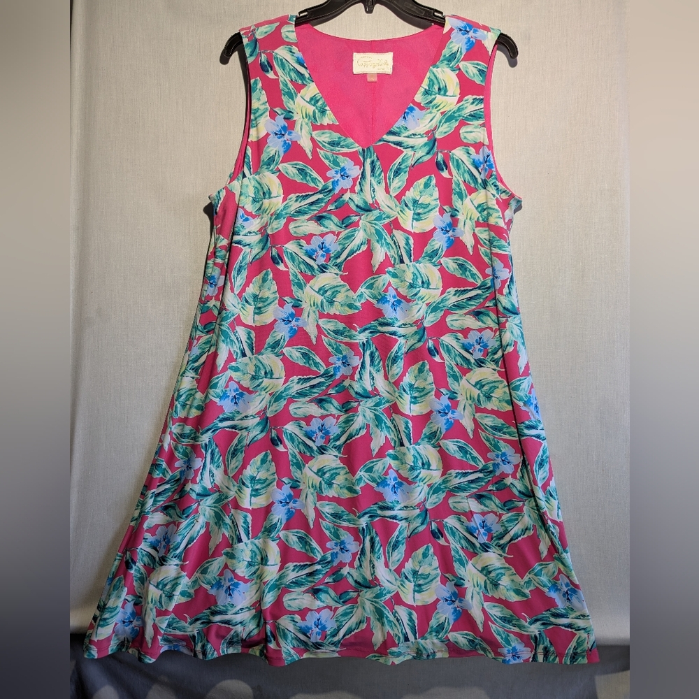 Pappagallo Sleeveless Lined Dress‎ Tropical Floral Pink Green Women's Size 2X